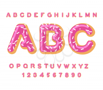 Donut ABC. pie alphabet. Baked in oil letters. icing and sprinkling. Edible typography. Food lettering. Doughnut font
