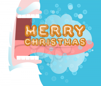 Santa Claus open mouth. Santa eating gingerbread on Christmas. Steam from mouth. Flying snow. New Year illustration. Teeth and tongue
