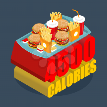 Fast food calorie range. Many of junk food. Hamburgers and french frying. Cheese sauce and ketchup. Most Energetic value burger. Drink in red disposable cup with straw
