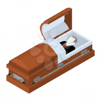 Deceased in coffin. Dead man lay in wooden casket. Corpse in an open hearse for burial
