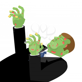 Zombie with outstretched hands isolated. Green is Dead. Cadaverous skin spots. Risen dead man hand holds out
