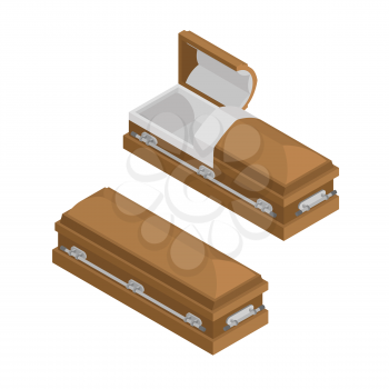Coffin isometrics. Wooden casket for burial. Open and closed hearse. Religious illustration
