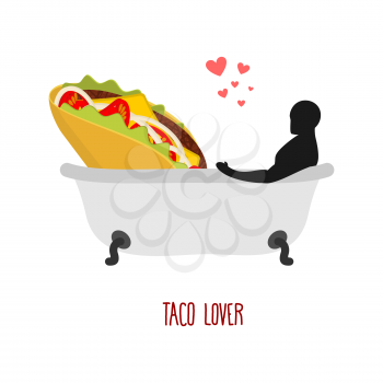 Lover taco. I love food. Fastfood and man in bath. Man and Mexican food is taking bath. Joint bathing. Passion feelings among lovers. Romantic illustration feed
