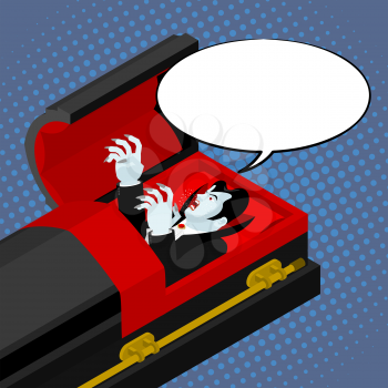 Dracula in coffin pop art style. Bubble for text. Vampire Count shouts and swears
