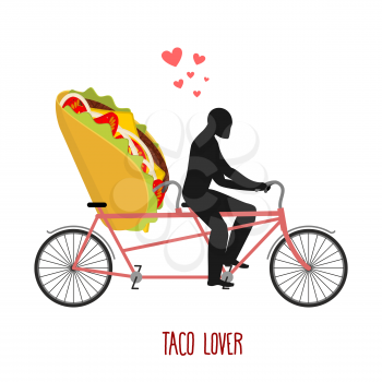 Lover taco. Mexican food on bicycle. Lovers of cycling. Man rolls fast food on tandem. Joint walk with meal. Romantic date undershot
