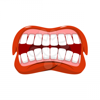 Angry mouth. aggressive emotion. Straseni grin. White teeth and red lips. Unhappy shout
