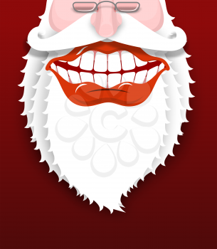 Jolly Santa Claus. Joyful grandfather with white beard. Broad smile. Big red lips and white teeth. Illustration for Christmas and New Year
