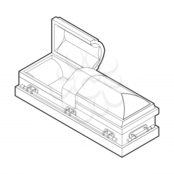 Open coffin in linear style. Wooden casket for burial. Red hearse. Religious illustration