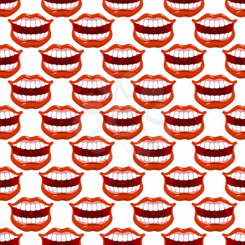 Cheerful smile lip seamless pattern. Red lips and white teeth texture. Open mouth ornament. Background fabric