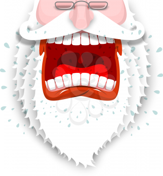 Furious Santa Claus. Anger Santa with big white beard. Cursing and swearing. Flying drooling. Scary bad grandfather. Illustration for Christmas and New Year