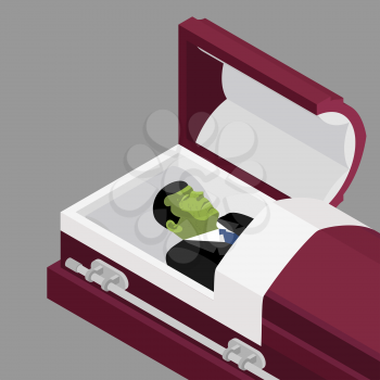 Zombie in coffin. Green dead man lying in wooden casket. Corpse in an open hearse for burial. Deceased with cadaveric spots