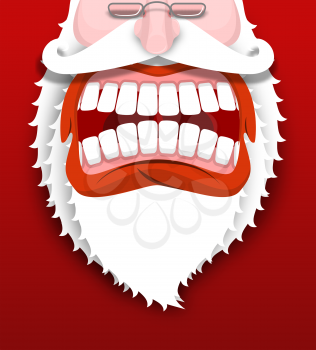 Aggressive Santa Claus shouts. Unhappy Santa with big white beard. Cursing and swearing. Flying drooling. Scary bad grandfather. Illustration for Christmas and New Year