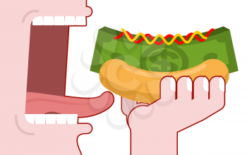 Man consumes money. Cash hot dog. Muffin and dollars pack. Fast food fo rich, the oligarchs. Mustard and ketchup. Eats green currency
