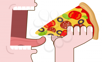 Man eating pizza. Pizza hand. Wide open mouth with teeth and tongue. Eating. food consumption
