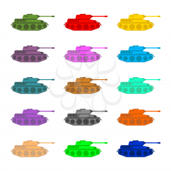 Set multicolored Tanks. Military equipment on white background, armored combat vehicle, tracked with cannon armament. Color Army trucks

