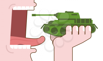 Man eating tank. Destruction of military transport. Open mouth with tongue and teeth. Consumption of armored fighting vehicle. Liquidation of military equipment
