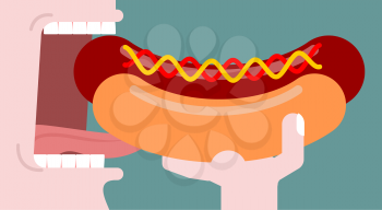Man eating hot dog. Consumption of fast food. Muffin and sausage with mustard. Harmful breakfast. Open mouth with tongue and teeth. dinner consumption
