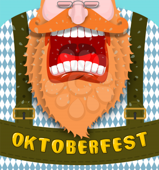 Shout Poster for Oktoberfest. Angry and aggressive man shouts. Red beard and mustache. Bavarian traditional national costume. Folk Festival in Germany. Unhappy with German
