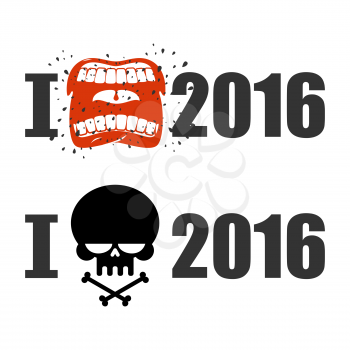 I hate 2016. Skull and bones sign of hostility. Shout symbol of hatred and antipathy. Open mouth. Flying saliva. Yells and strong scream. Logo Hate New Year
