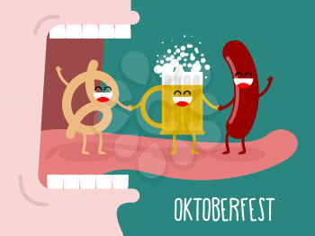 Man eating pretzel, beer and sausage. Traditional Oktoberfest food. Consumption of alcohol. Open mouth with tongue and teeth. National Holiday in Germany.
