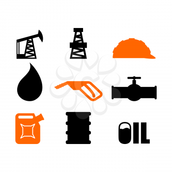 Oil production set of icons. petroleum industry sign. Logo for petrol processing. naphtha rig and working helmet. Pipeline and barrel. Canister and ink drops
