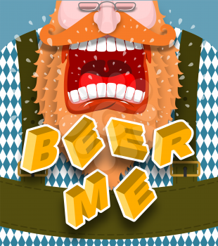 Beer me shout. Angry and aggressive man shouts. Red beard and mustache. Bavarian traditional national costume. Folk Festival in Germany. Poster for Oktoberfest.
