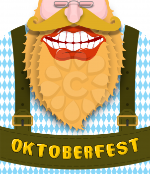 Cheerful and happy grandfather with red beard. Green strap Bavarian traditional national costume. Broad smile. Big red lips and white teeth. Illustration of Oktoberfest. Folk Festival in Germany
