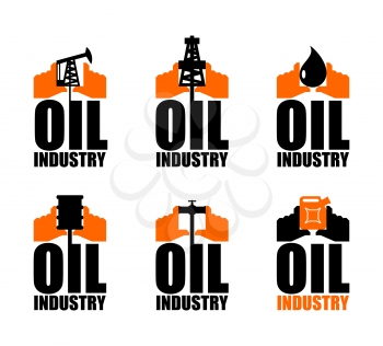 Oil industry logo. petroleum production sign. Logo for petrol processing. naphthal rig workers and human hands