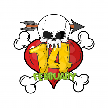 14 February. Valentines day logo for love until death. Head skull symbol of death. Red heart and bones. Template for tattoos.
