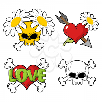 Love and death Set elements. Skull and red heart. Flower and arrow of Cupid. Crossbones.
