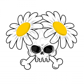 Skull and flowers. Bones in camomiles. Death and lovely white flowers. Head skeleton Character death. flower is symbol of life.
