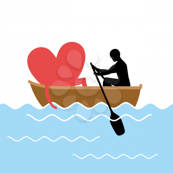 Man and  love and ride in boat. Lovers of sailing. Man rolls heart of gondola. Rendezvous in the boat on pond. Romantic illustration for valentines day
