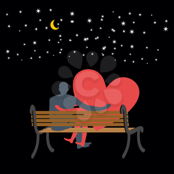 Lovers looking at stars. Date night. Man and love sitting on bench. Heart symbol of love. Moon and stars in night dark sky. Romantic illustration for valentines day