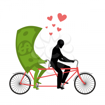 Money for bike. Lovers of cycling. Man rolls dollar on tandem. Joint walk with cash. Romantic date currency. Romantic financial illustration
