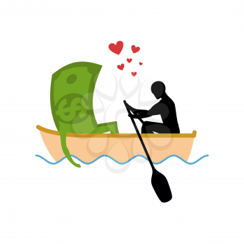 Man and money and ride in boat. Lovers of sailing. Man rolls cash on gondola. Appointment of dollar in boat on pond. Romantic financial currency illustration
