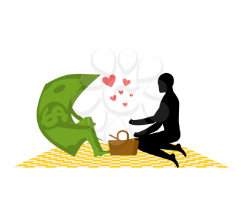 Money on picnic. Rendezvous in Park. Dollar and the people. Country lovers jaunt into cash. Meal in nature. Plaid and basket for food on lawn. Man and currency. Romantic financial illustration
