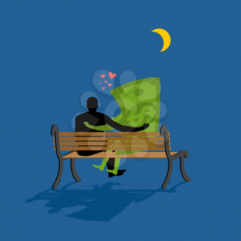 Cash Lovers looking at stars. Date night. Man and dollar money sitting on bench. Moon and stars in night dark sky. Romantic financial currency illustration
