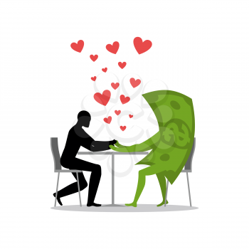 Lover in cafe. Man and dollar is sitting at table. Money in restaurant. Cash in dining room. Romantic date in public place. Financial illustration currency

