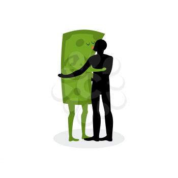 Kiss money. Man embraces dollar. Hot kiss on date with paper bills. Love in cash. Romantic financial currency illustration
