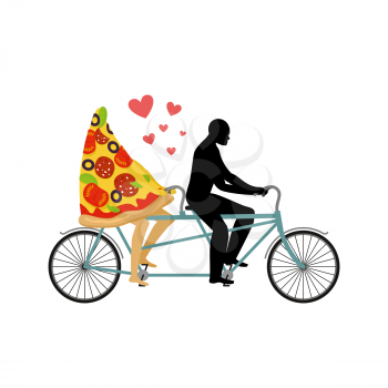 Pizza on bicycle. Lovers of cycling. Man rolls a slice of pizza on tandem. Joint walk with a meal. Romantic date Italian food. Romantic illustration life gourmet
