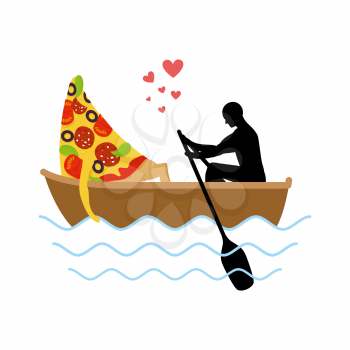 Man and slice of pizza and ride in boat. Lovers of sailing. Man rolls pizza on gondola. Appointment of food in boat on pond. Romantic meal illustration life gourmet
