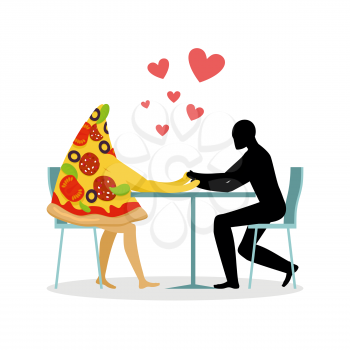Lover pizza in cafe. Man and a slice of pizza sitting at table. food in restaurant. Pizza in dining room. Romantic date in public place. Romantic illustration life gourmet
