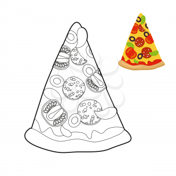Pizza coloring book. Delicious slice of pizza in linear style. Italian traditional food. Fresh ingredients sausage and tomatoes. Greens and olives
