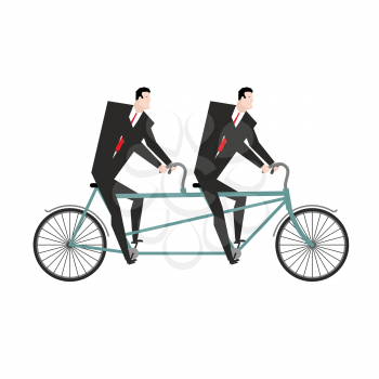 Businessman cycling. Business team goes on bike tandem. Manual management of project. Two managers in suits pedal

