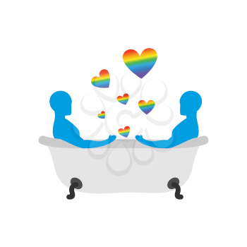 Gays in bath. Two men in bath. LGBT people taking bath. Joint bathing. Passion feelings among lovers. Romantic illustration washed with currency. Love rainbow
