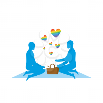LGBT picnic. Gay Rendezvous in Park. Rural jaunt lovers men. Meal in nature. Plaid and basket for food on lawn. Romantic LGBT illustration. Blue people
