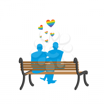 Gays on bench. Appointment of two blue men. Romantic LGBT illustration. Love rainbow