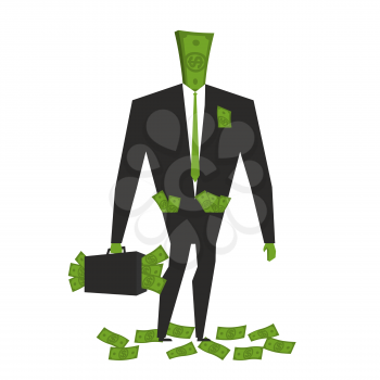Money man. Dollar  Monster. human wite cash. Bundle of dollars. Businessman rich. Case with money. rich boss. Sack of money for head. finance person
