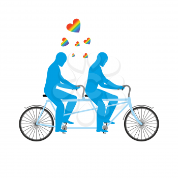 Gays in tandem. Two blue men on bicycle. Lovers of cycling. Joint walk. Romantic date. Heart rainbow -  symbol of LGBT love
