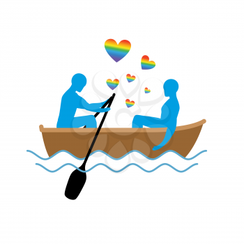 Gays in boat. Lovers of sailing. Rendezvous blue men in  boat on pond. Romantic LGBT illustration. Heart rainbow symbol of homosexual love
